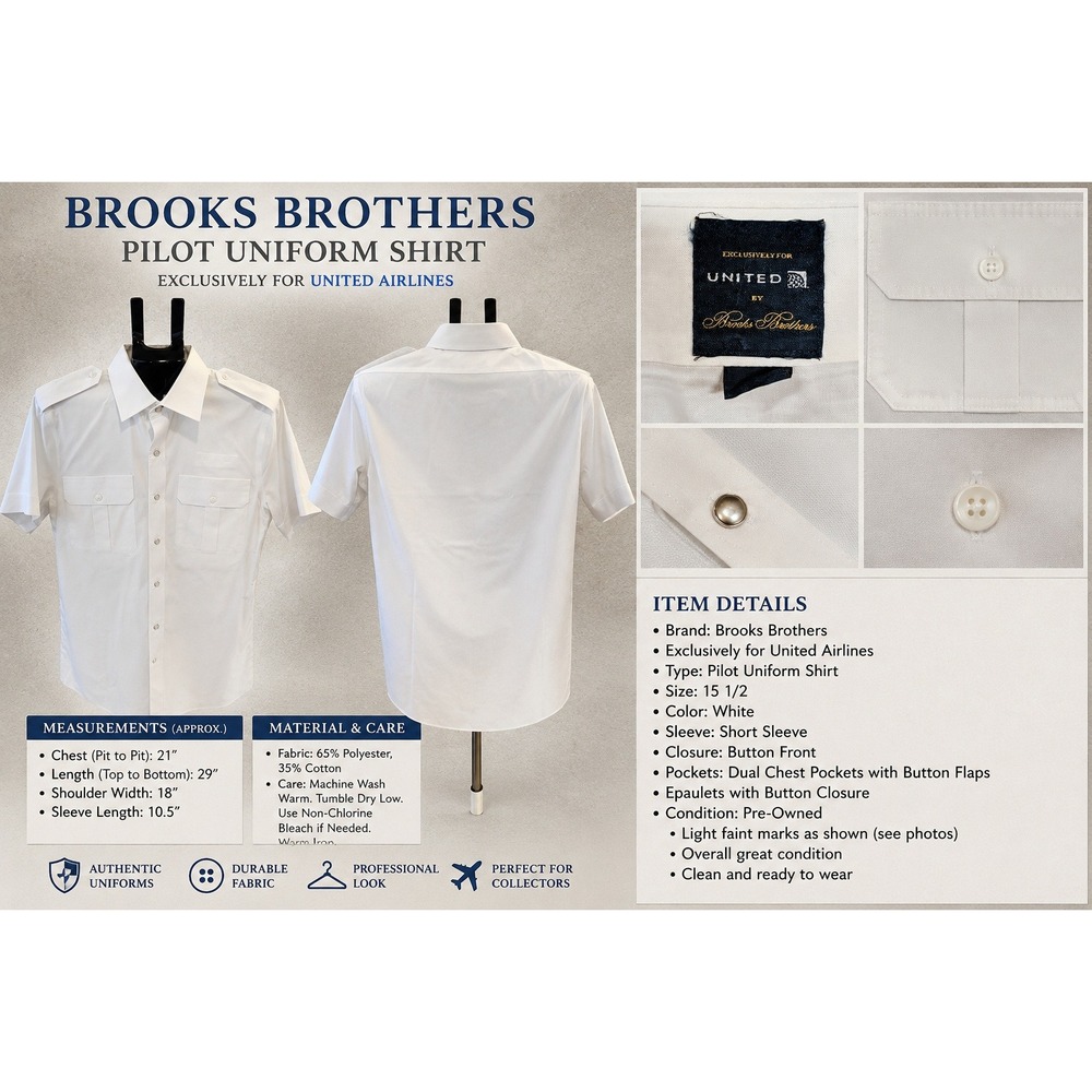 United Airlines Pilot Shirt Brooks Brothers Mens 15.5 White Short Sleeve Uniform